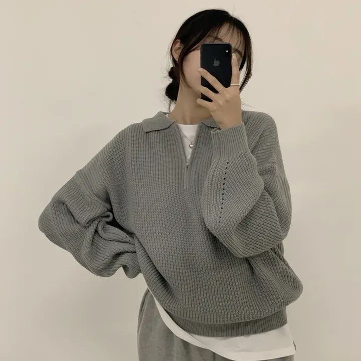 實拍大碼 簡約百搭polo領半拉鏈慵懶寬鬆毛衣女秋冬保暖針織衫