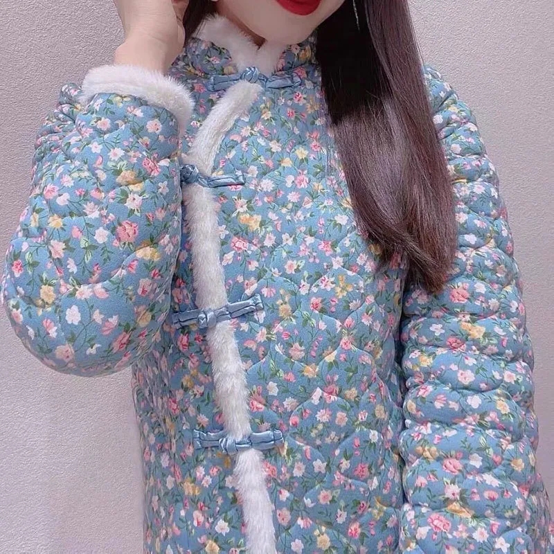 媽媽裝冬季新款民族風東北花棉襖中老年女裝加絨加厚復古盤扣棉服