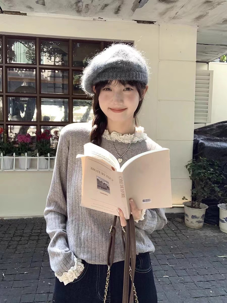 hollyi 韓系百搭純色花邊針織加厚打底衫內搭上衣女秋冬2023新款