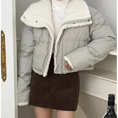 韓版新款兩面穿羊羔毛棉衣短款收腰設計感外套女