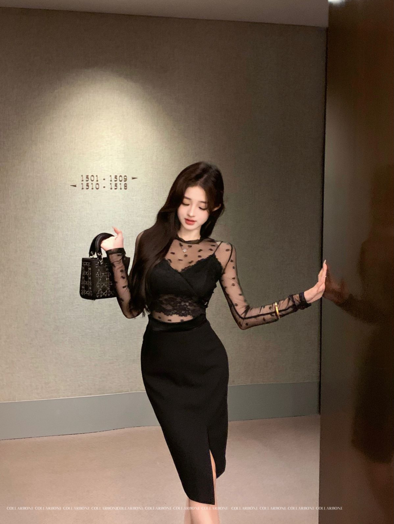 Real shot of sexy lace long-sleeved blouse with suspender tube top + high-waist slim hip-covering skirt suit
