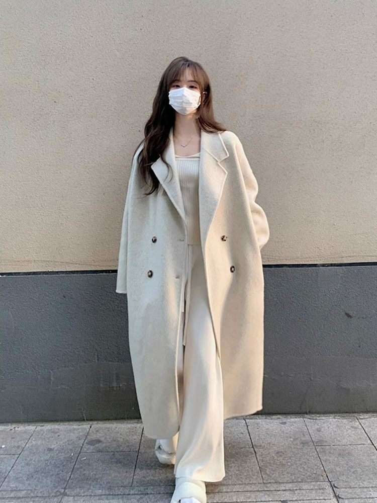 米白色呢子大衣女輕奢高級感名媛風加厚中長款毛呢外套女網紅