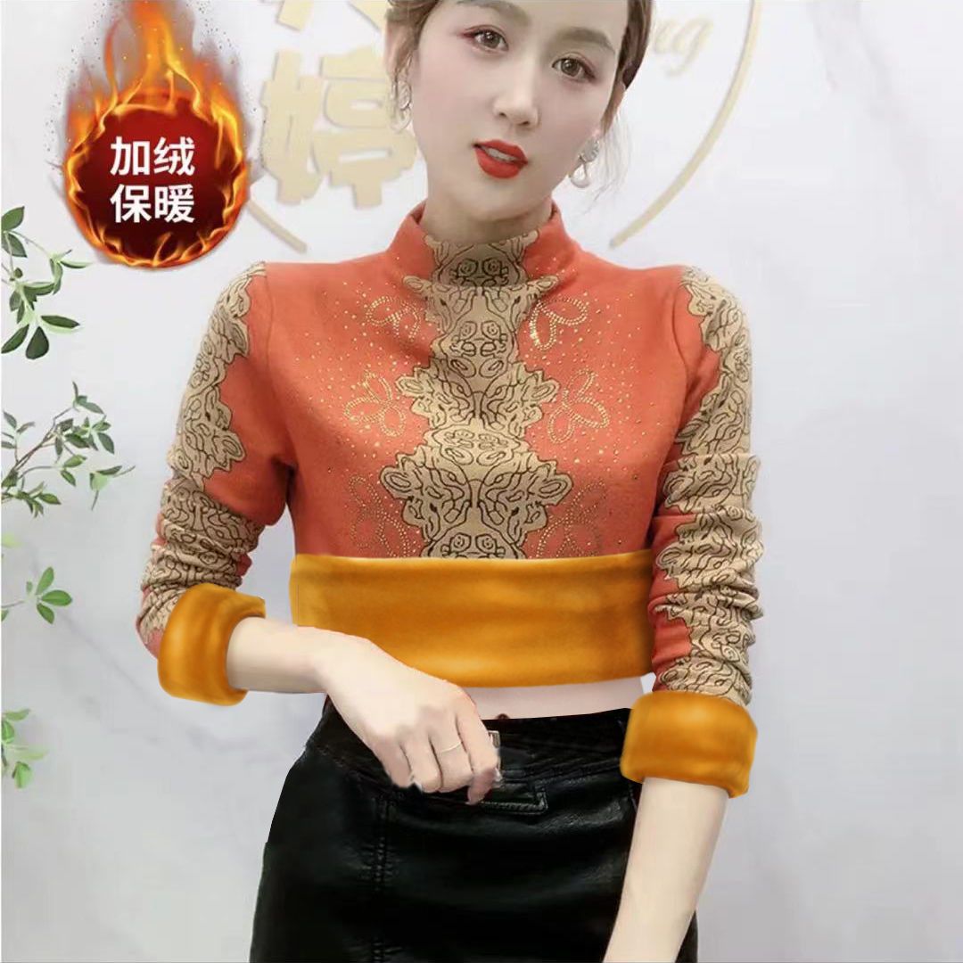 黃金一體絨秋冬網紅印花打底衫女韓版百搭寬鬆保暖衣加絨加厚