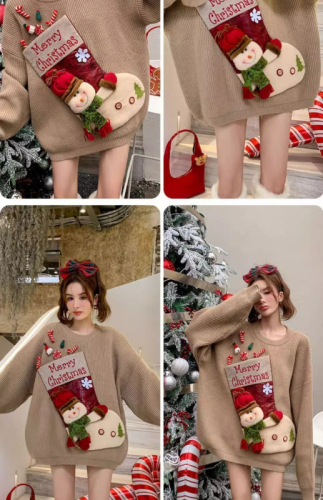 Christmas sweater for women in autumn and winter, versatile Korean version, loose and trendy, age-reducing round neck red outer sweater