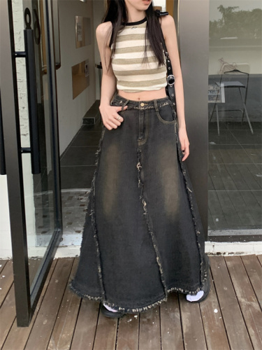 Actual shot of Korean style loose high-waist raw edge slimming A-line long skirt denim skirt