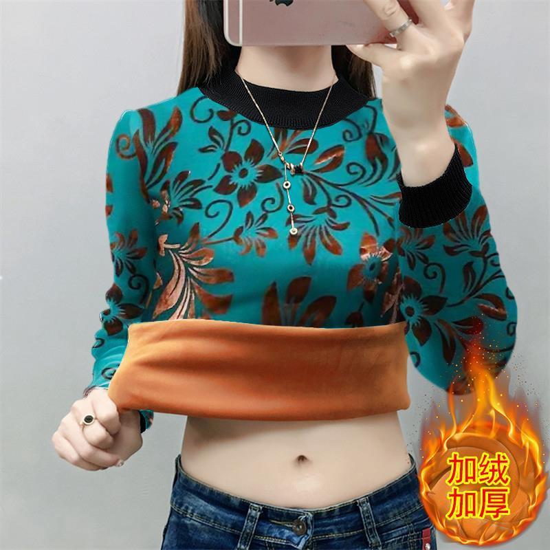 加絨加厚2023新款女秋冬裝民族風寬鬆打底衫女時尚韓版打底T恤