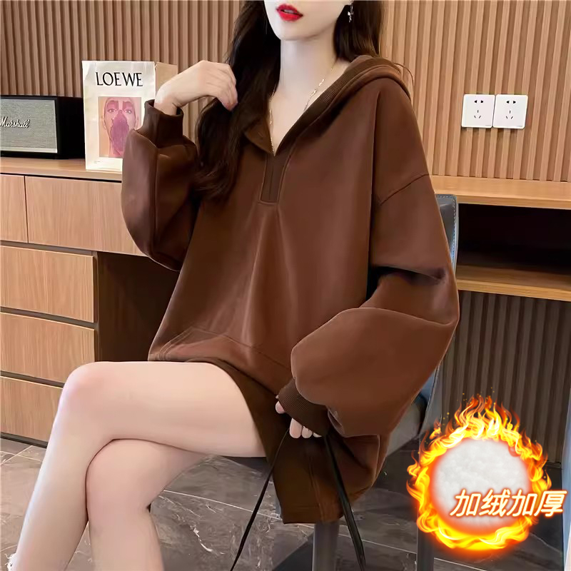 首發純棉華棉複合銀狐絨 | 後包領 |V領中長款連帽加絨衛衣女