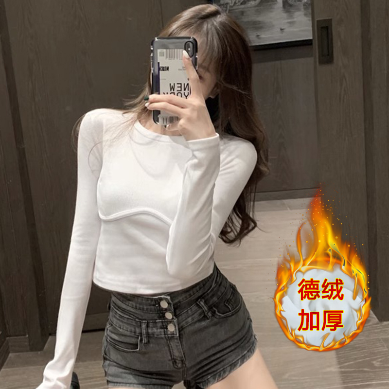 官圖實長袖t恤女秋冬韓版氣質露肚臍短款保暖打底衫內搭上衣