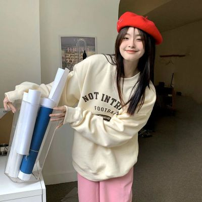 原宿BF加絨加厚套頭圓領衛衣女學生鹽系寬鬆上衣秋冬季外套慵懶風