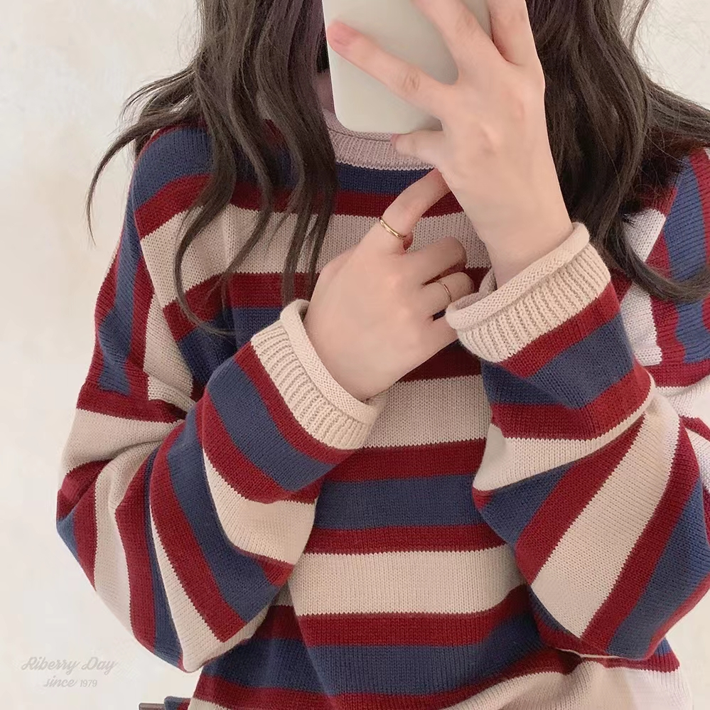 High quality 2024 new autumn and winter striped sweater women's lazy style knitted pullover sweater bottoming shirt