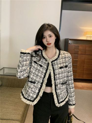 Actual shot ~ French retro high-end tweed Korean style exquisite tassel small fragrance style short coat for women