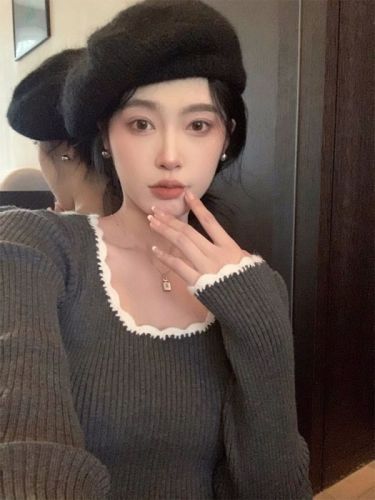 French low-round neck knit sweater for women, early autumn retro elegance base layer, slimming turtleneck sweater, inner wear top