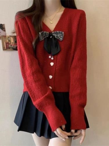 红色毛衣小香风V领针织开衫秋款新款女外衣穿蝴蝶结短款毛衣外套