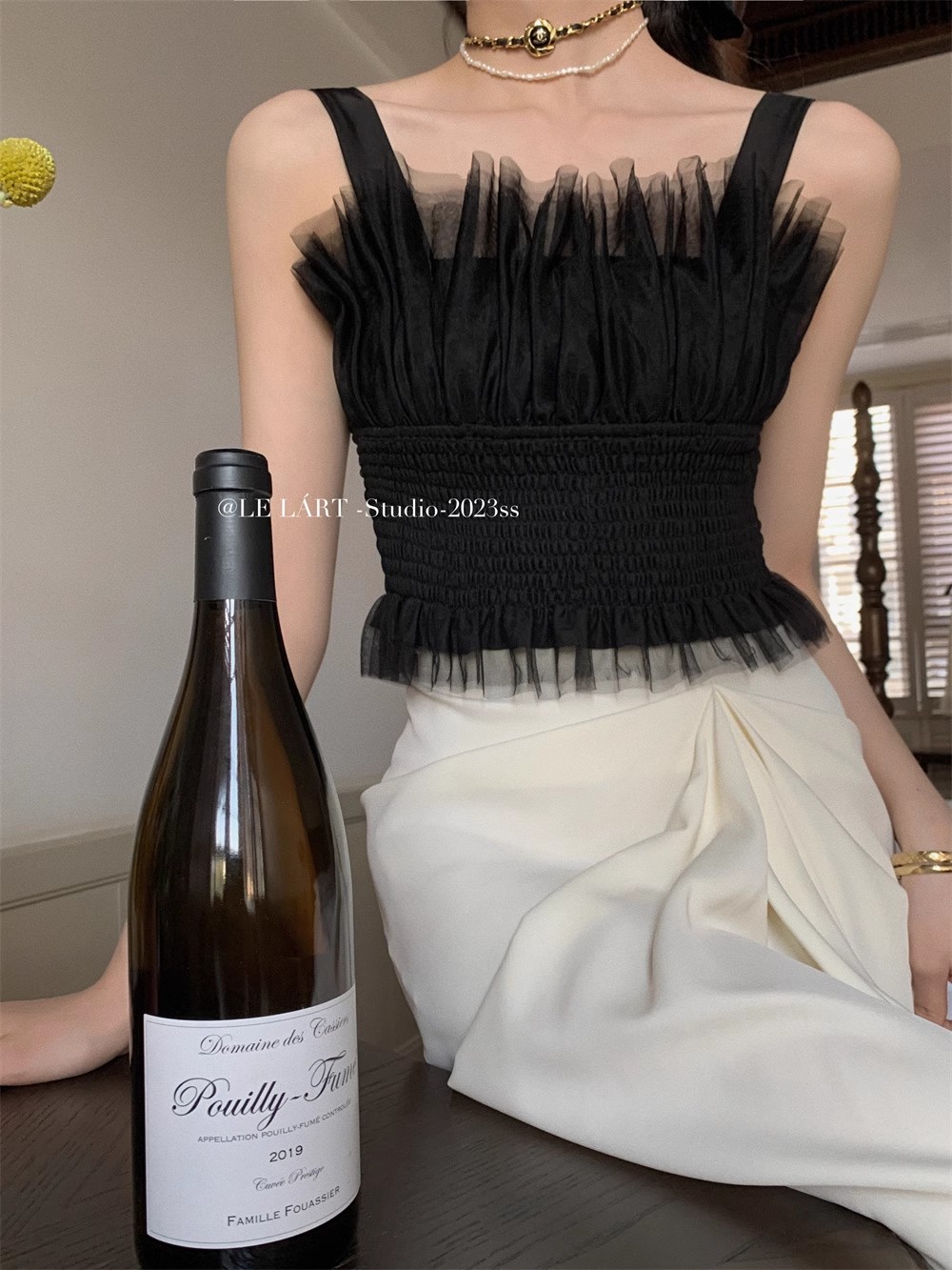 2023 new summer style French style pure desire camisole design mesh patchwork waist short top