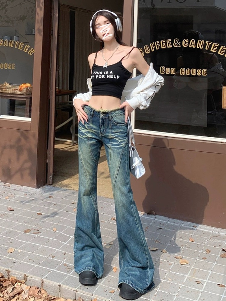 復古毛邊微喇牛仔褲女秋季修身直筒高腰顯瘦馬蹄長褲百搭拖地褲子