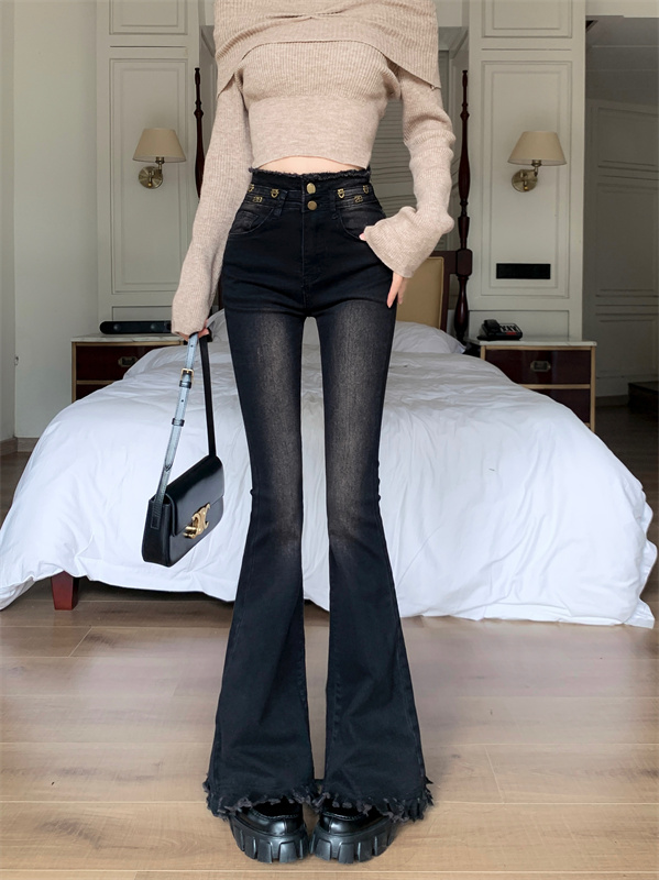 實拍  新款黑色水洗彈力牛仔秋冬復古高腰修身微喇叭長褲女