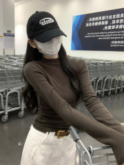 Photo shoot Korean style versatile slimming half-length collar pleated slimming monochrome inner layer T-shirt base shirt top