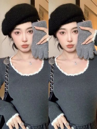 French low-round neck knit sweater for women, early autumn retro elegance base layer, slimming turtleneck sweater, inner wear top