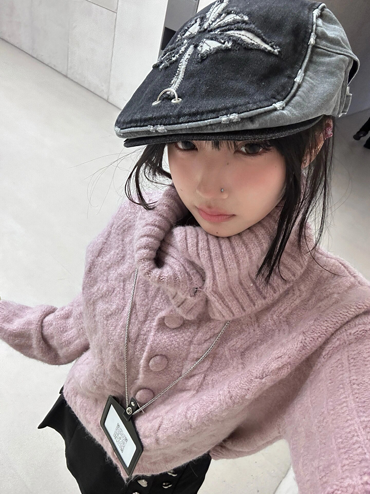 設計感高領毛衣開衫女秋冬款慵懶風寬鬆單排扣針織衫短款外套上衣