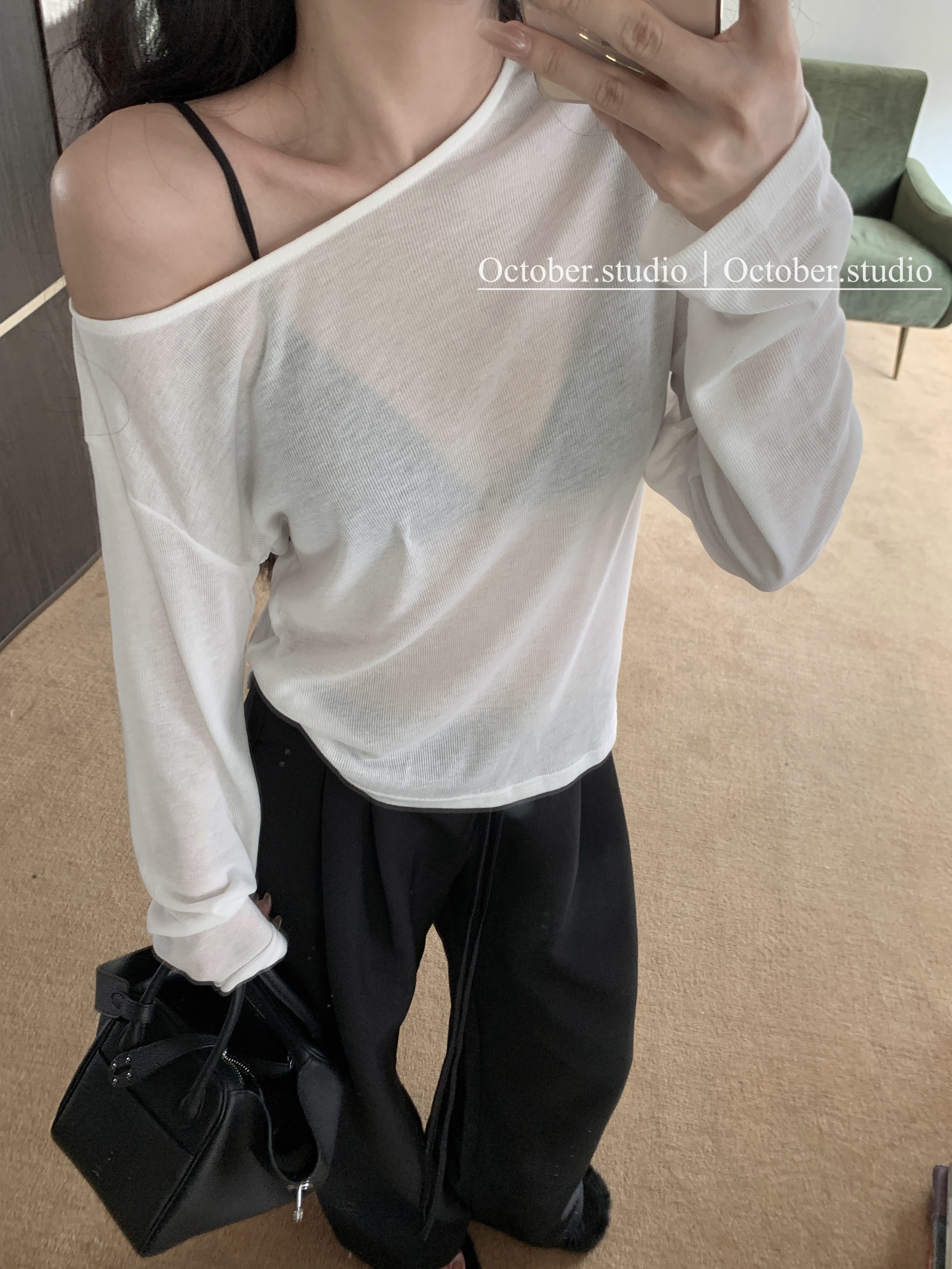 實拍 一衣兩穿輕薄打底衫不規則斜肩長袖t恤內搭外穿慵懶上衣