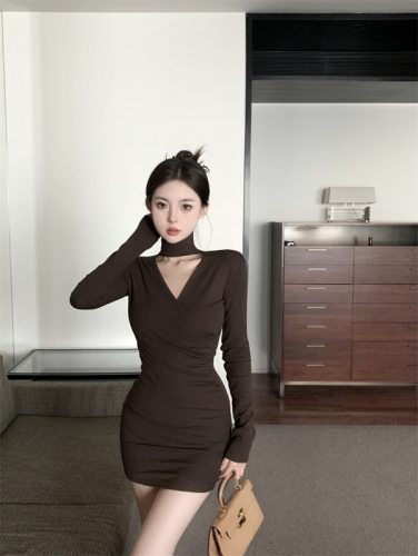 Real shot~Pure Sexy Sexy Hollow Halter Long Sleeve Dress Female Autumn and Winter Hot Girl Waist Tight Covering Hip Skirt