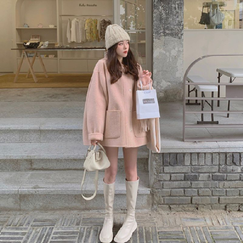 2023 new pink hooded woolen coat winter velvet thickening short temperament coat for women trendy