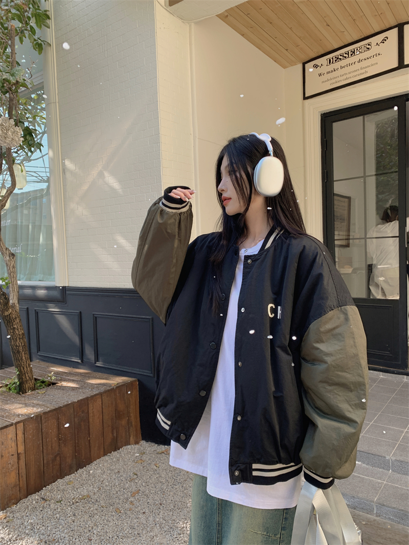 實拍：酷酷學姐運動風加絨內里羊羔毛大碼拼色夾克棉衣棉服女