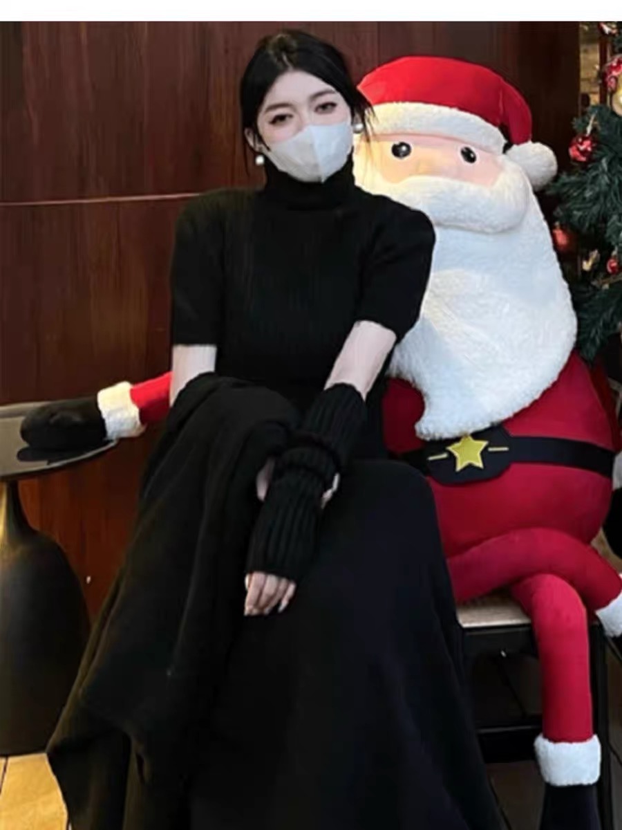 赫本風黑色高領毛衣袖套連衣裙女秋冬新款法式高端氣質修身打底裙