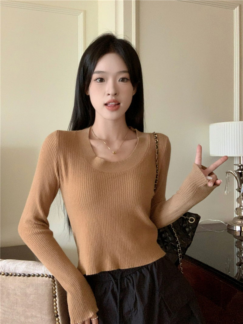實拍柔軟抗起球修身百搭U領純色長袖內搭針織打底衫T恤上衣女