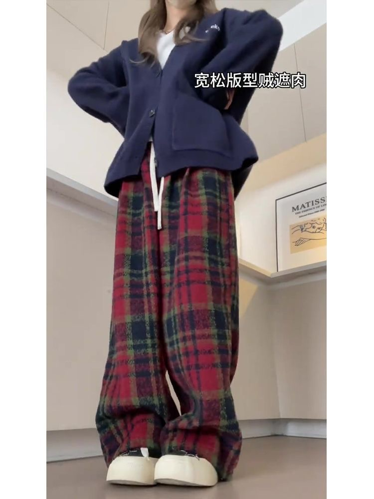 2023新款美式設計感復古格子毛呢闊腿褲女秋冬加厚高腰寬鬆小個子