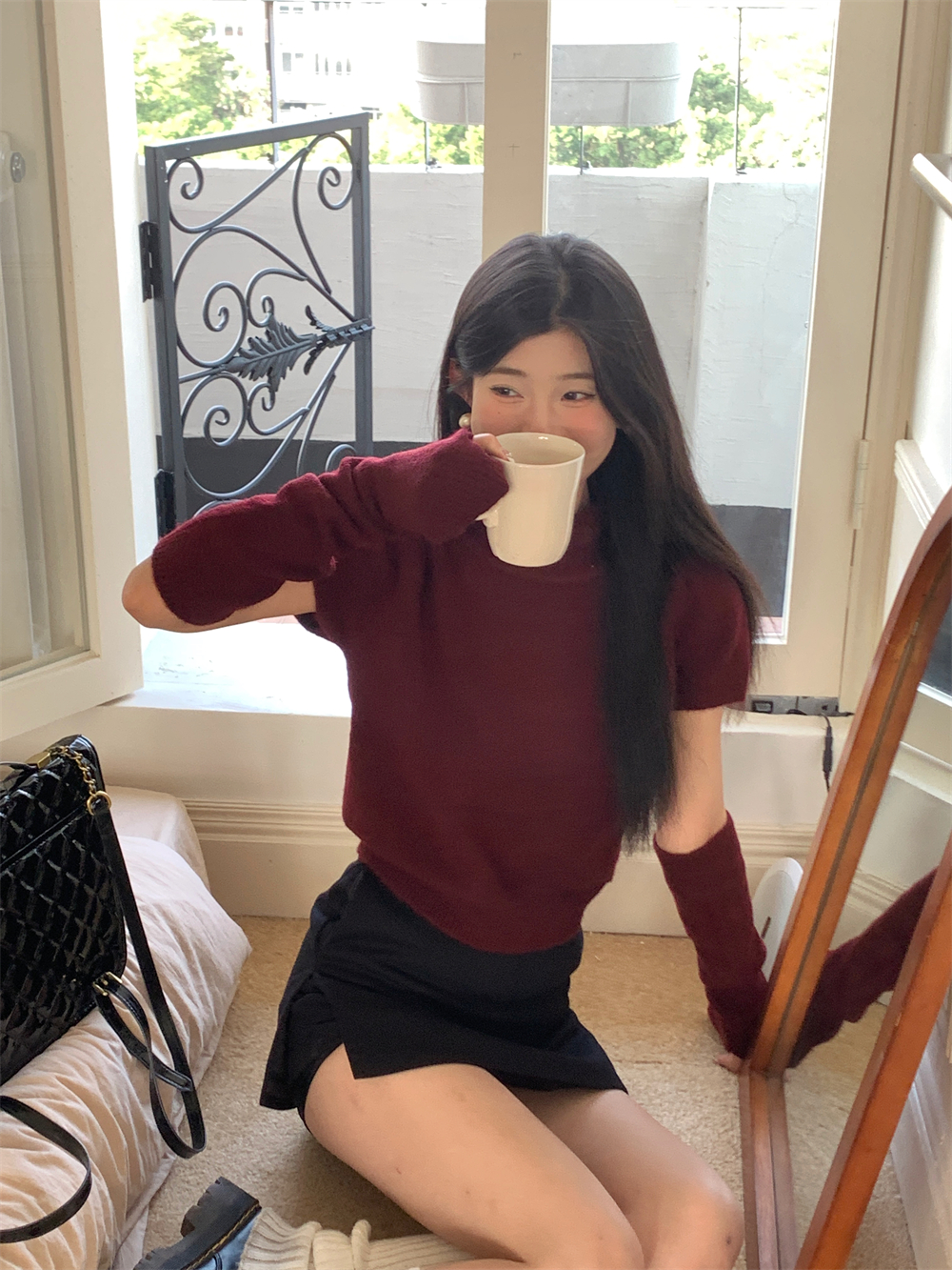實拍聖誕穿搭紅色半高領泡泡袖針織衫短款可拆卸袖套毛衣女