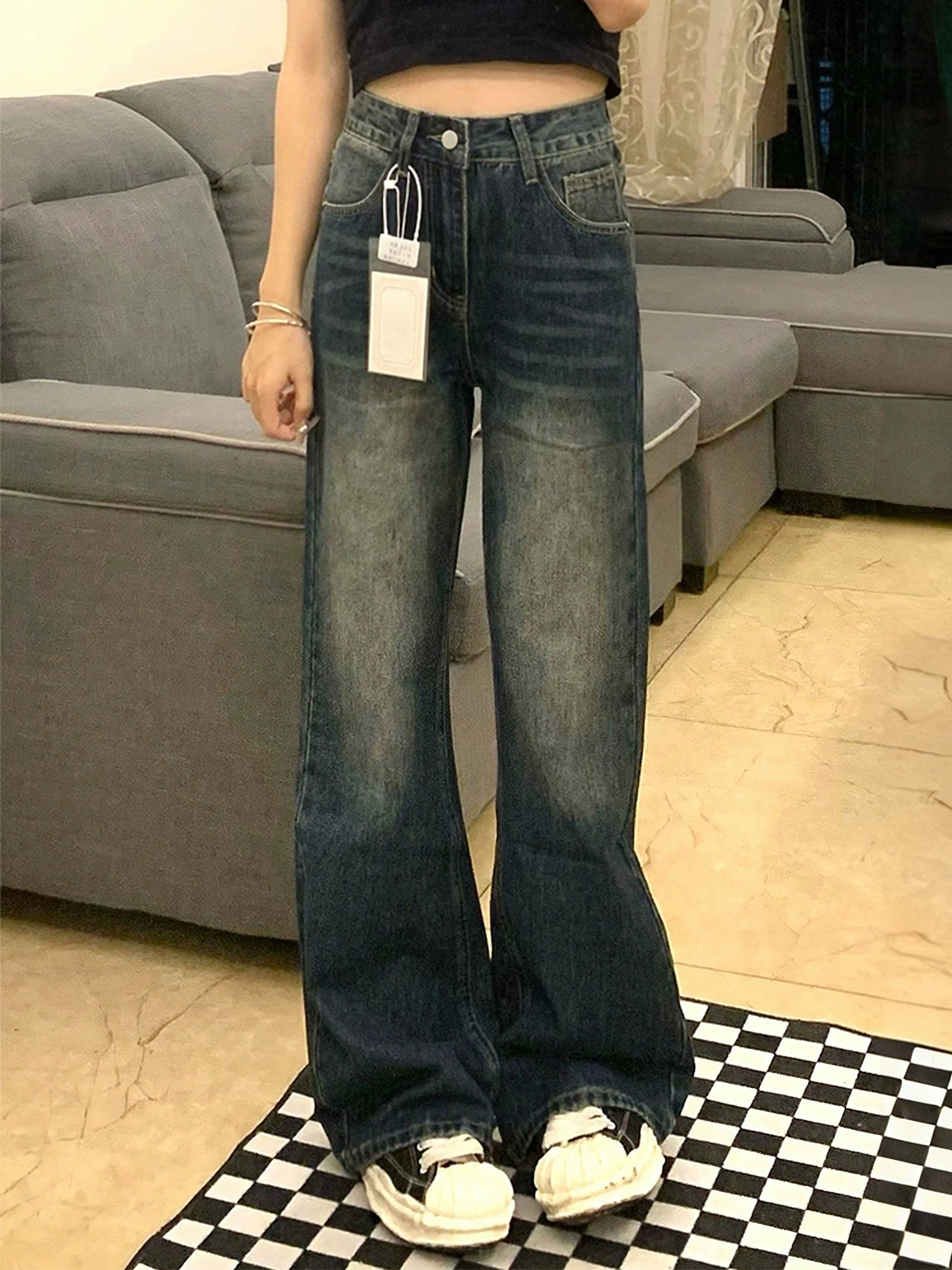 美式復古微喇牛仔褲女梨型身材不貼腿直筒大碼胖mm高腰顯瘦闊腿褲