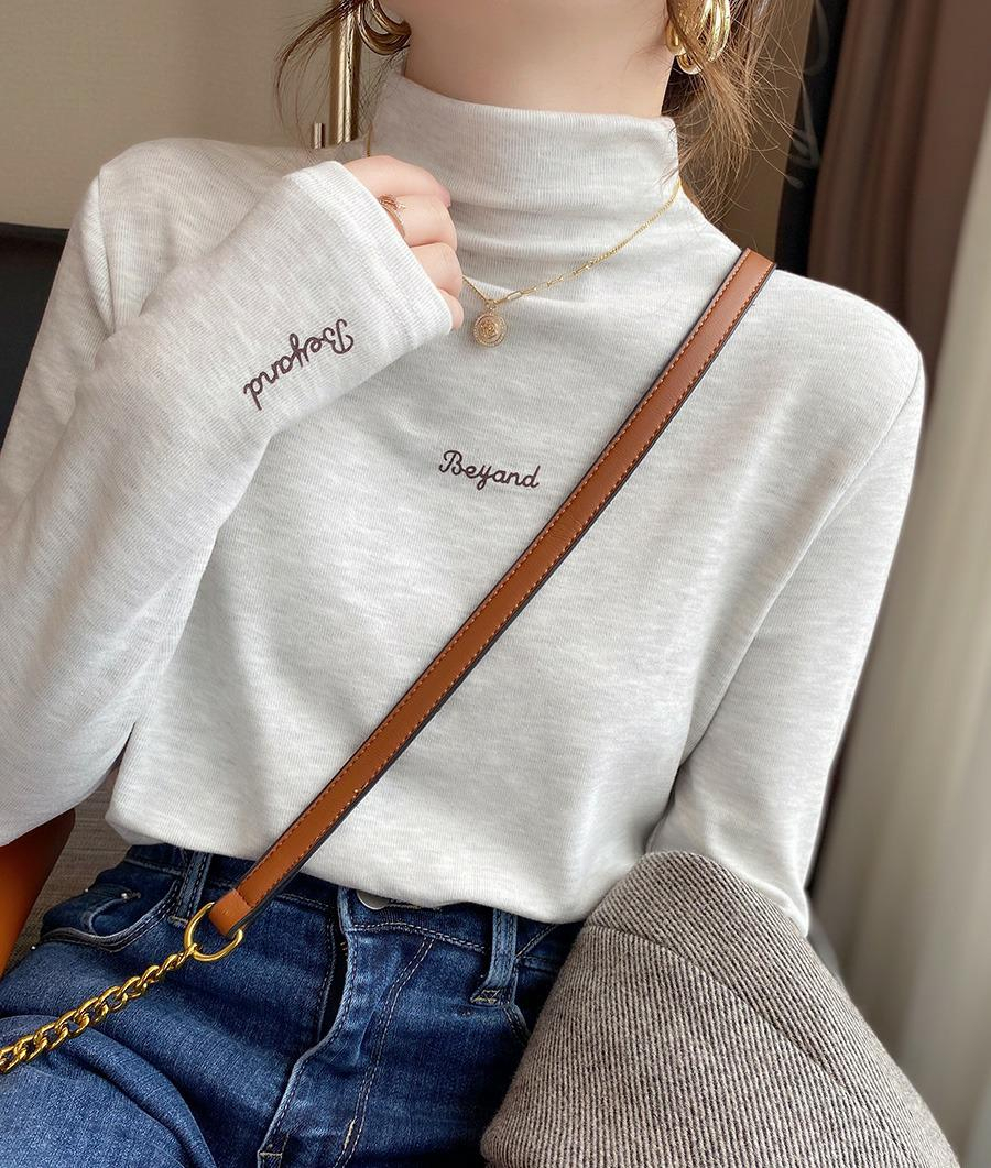 加絨加厚打底衫女秋冬季洋氣上衣2023新款刺繡半高領長袖內搭t恤