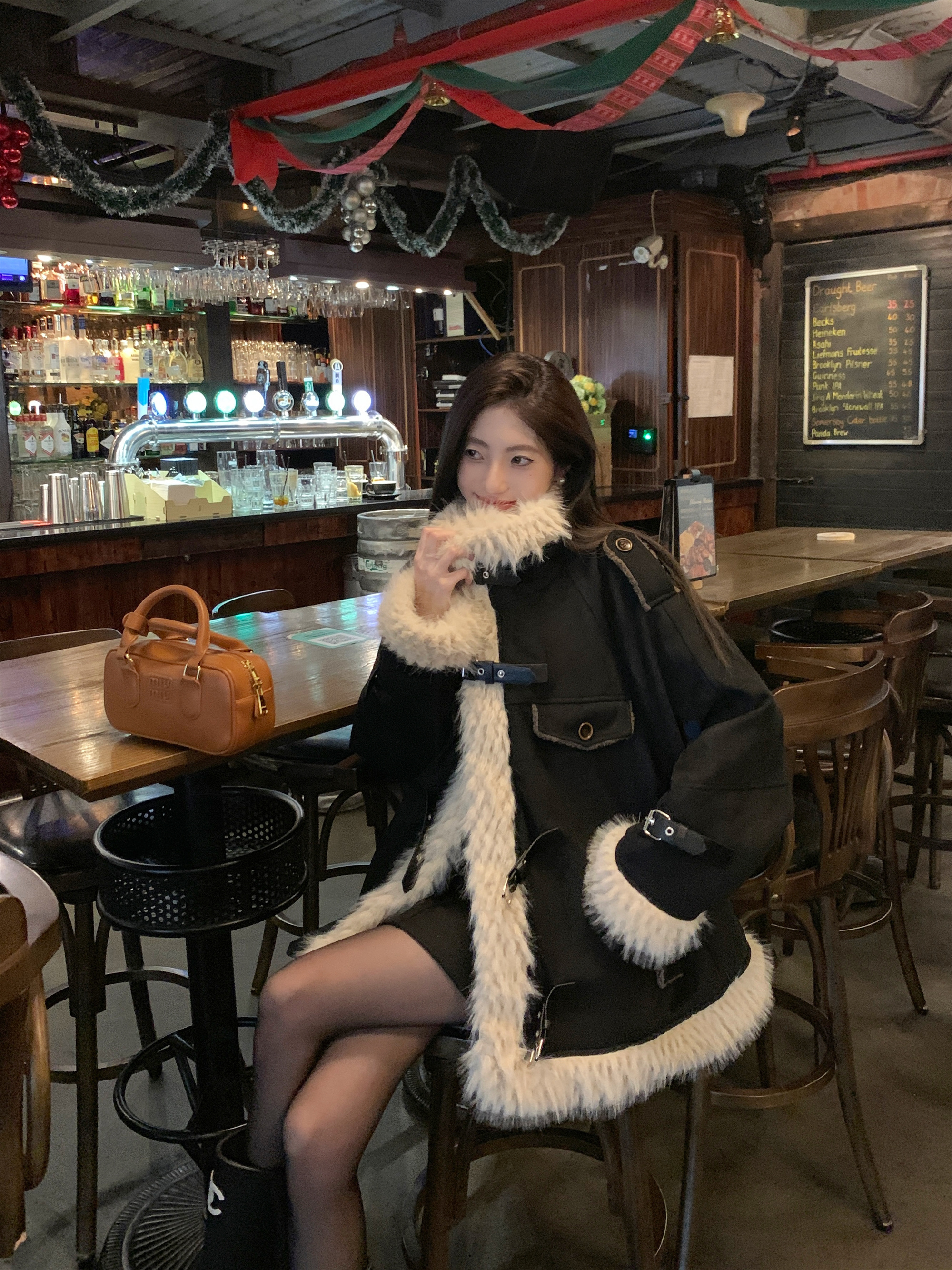 Actual shot~Korean style loose thickened leather motorcycle fur one-piece jacket