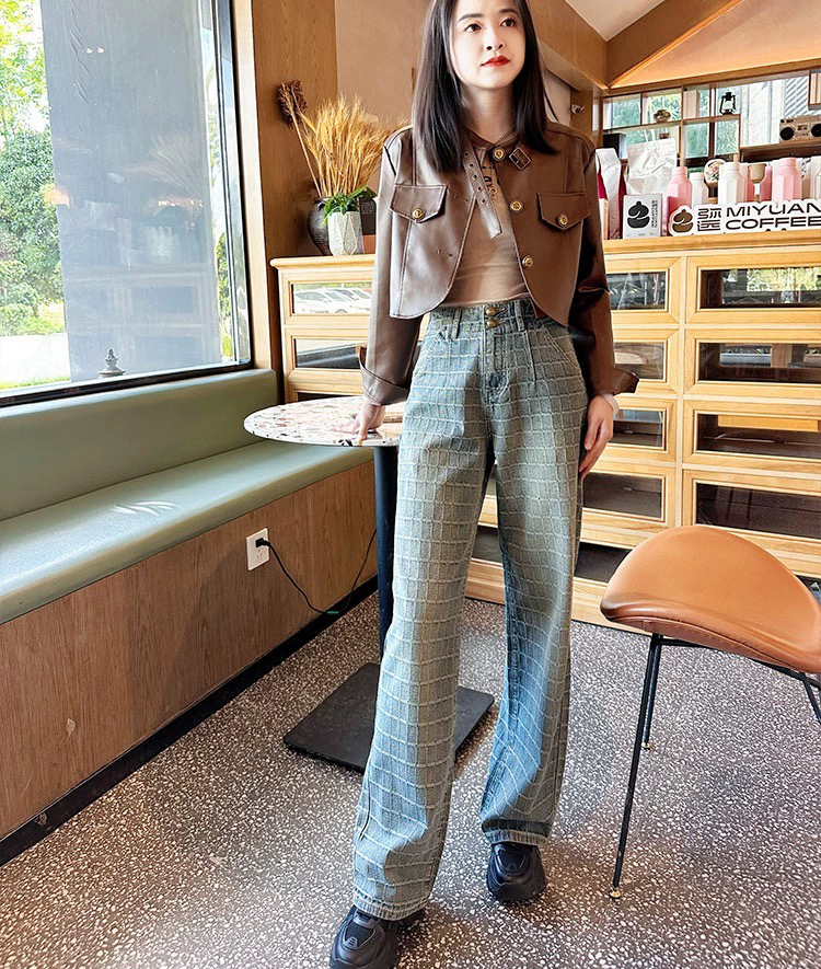 藍色提花高腰窄版闊腿牛仔褲女2023秋冬寬鬆顯瘦垂感直筒拖地長褲