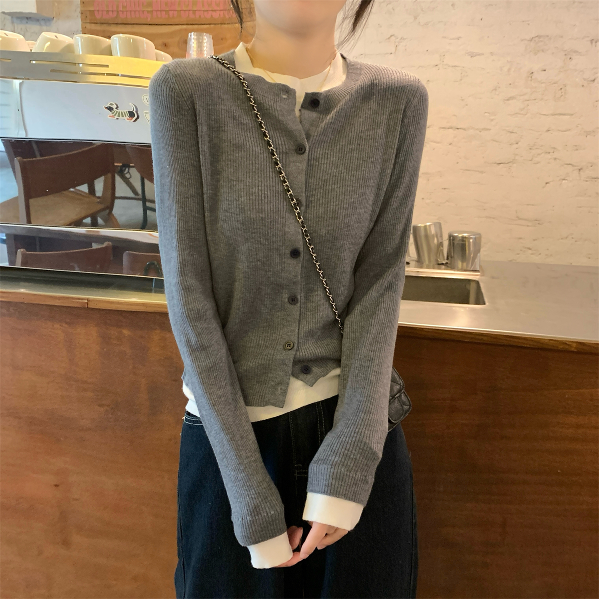實拍 秋冬韓版百搭圓領撞色假兩件內搭針織打底衫毛衣女
