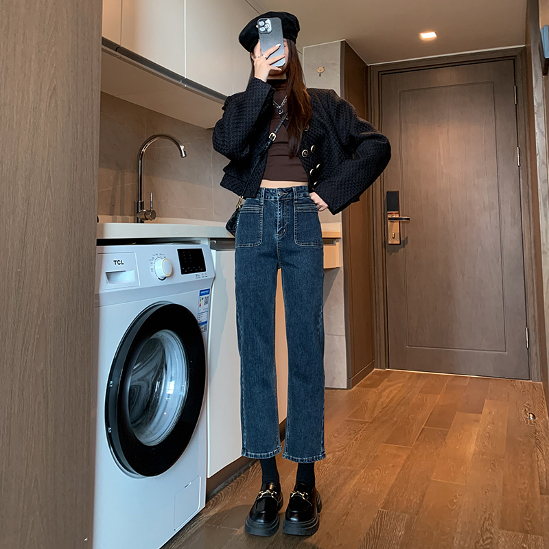 實拍2024早春新款復古高腰顯瘦直筒牛仔褲女設法棍煙管褲