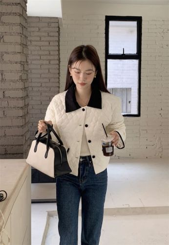 Actual shot ~ Retro literary style contrasting color corduroy age-reducing Korean generation embroidered cotton clothing versatile short jacket