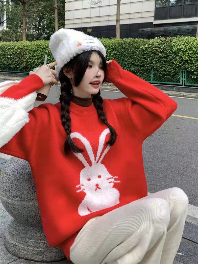 秋冬毛衣紅色新年兔子植絨法式加厚高級感寬鬆慵懶風