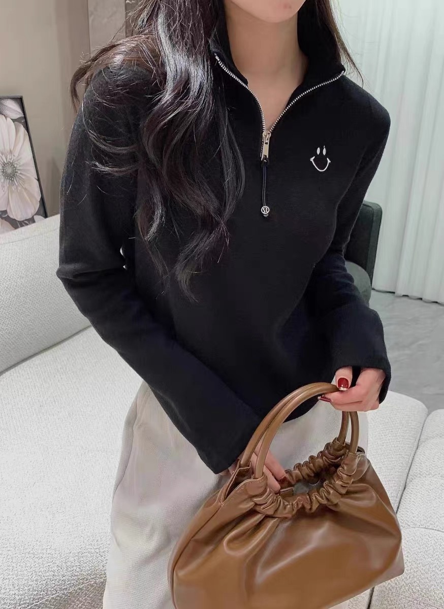 2023秋冬新款韓版刺繡笑臉洋氣百搭立領拉鏈長袖t恤女