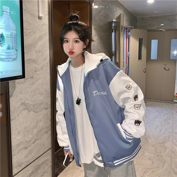 小熊棒球服連帽外套女寬鬆慵懶風秋冬季新款加絨加厚拉鏈衛衣