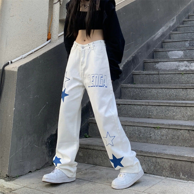 新款牛仔褲女ins潮流百搭高腰顯瘦寬鬆直筒闊腿褲子休閒褲長褲女