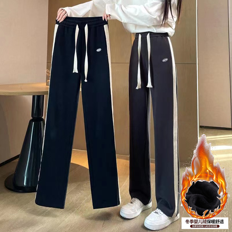 複合銀狐絨闊腿褲女春秋冬季加絨加厚寬鬆衛褲運動休閒直筒褲子