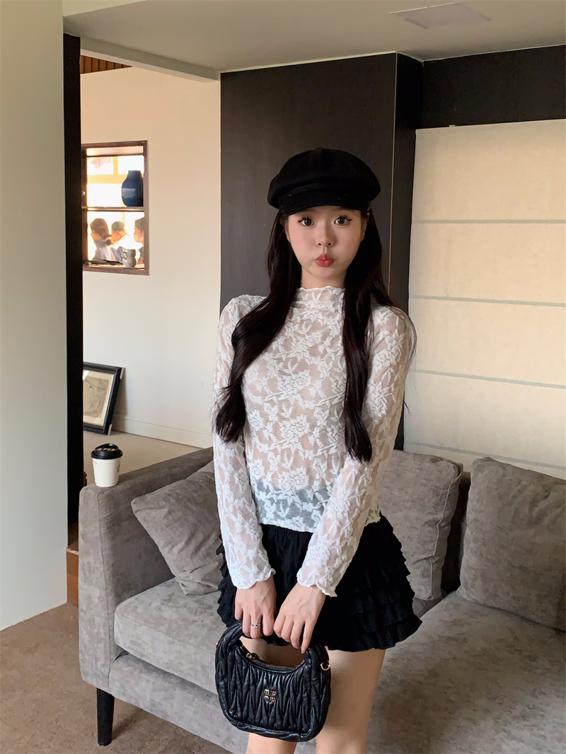 Actual shot of autumn and winter sexy hollow lace crocheted chic half-high collar temperament versatile slimming bottoming lace shirt