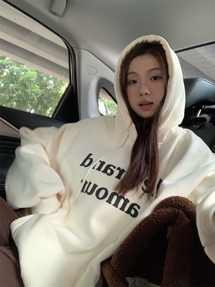 加絨加厚嬰兒絨連帽衛衣女2023秋冬新款慵懶風寬鬆灰色套頭上衣