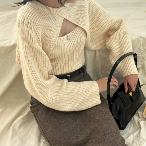 Korean chic new French design shawl long-sleeved sweater + tank top two-piece set