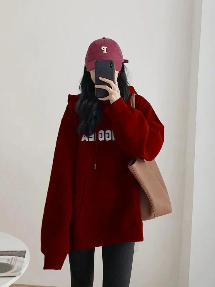 加絨酒紅色連帽衛衣女2023新款美式復古慵懶風上衣