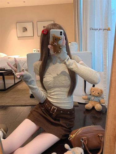 Real shot of charming and spicy design butterfly detachable half turtleneck bottoming shirt for women with knitted top