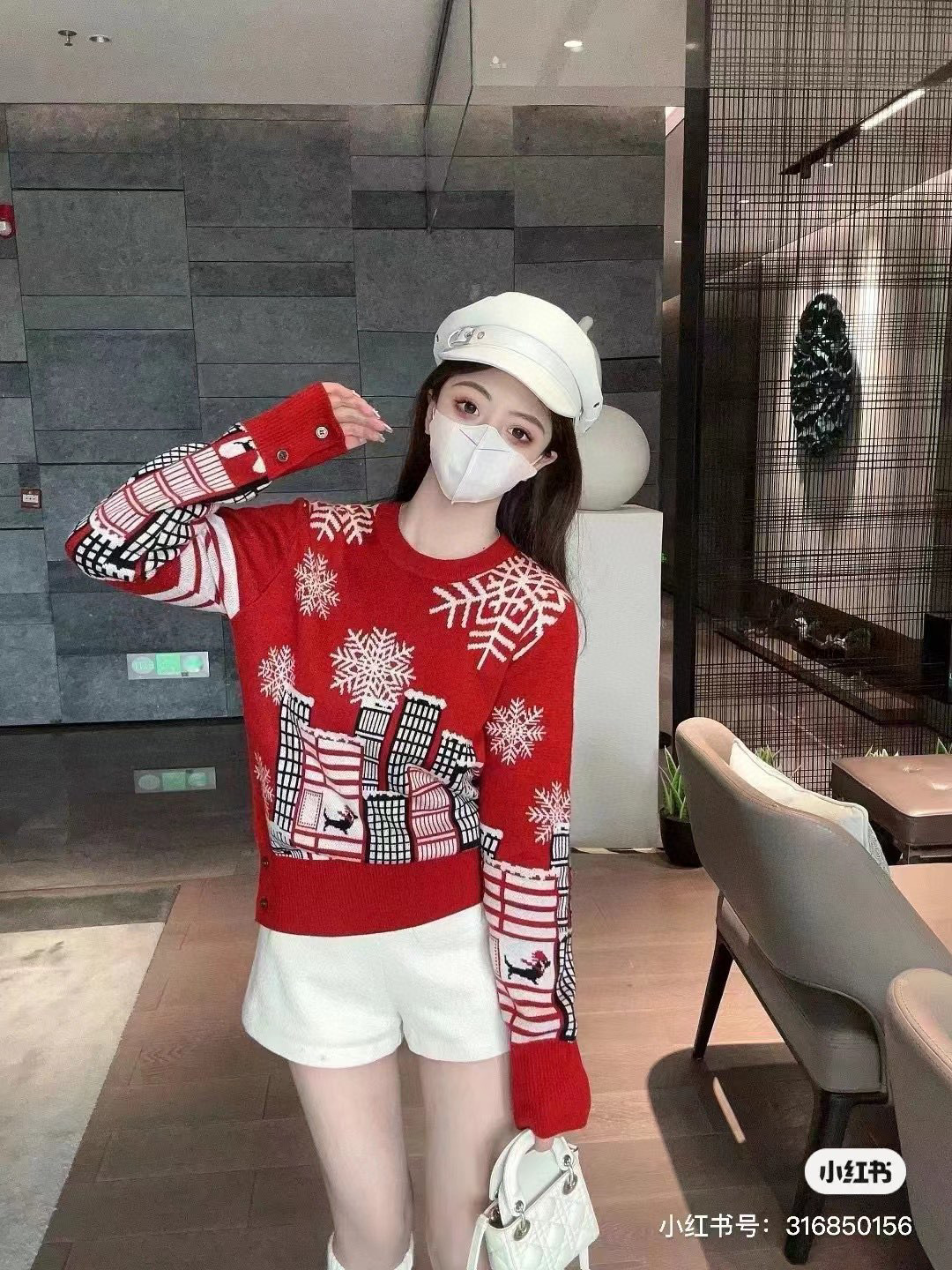 23秋冬新款雪花聖誕新年紅色毛衣學院風卡通小狗圓領套頭針織衫女