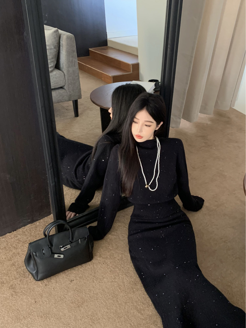 實拍 小香風針織套裝裙高級感聖誕紅上衣高腰半身裙兩件套